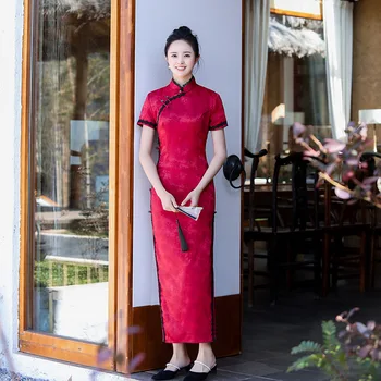 

Plus Size 3XL Short Sleeve Classic Women Rayon Cheongsam Elegant Long Sexy Qipao Summer Print Flower Dress Mandarin Collar