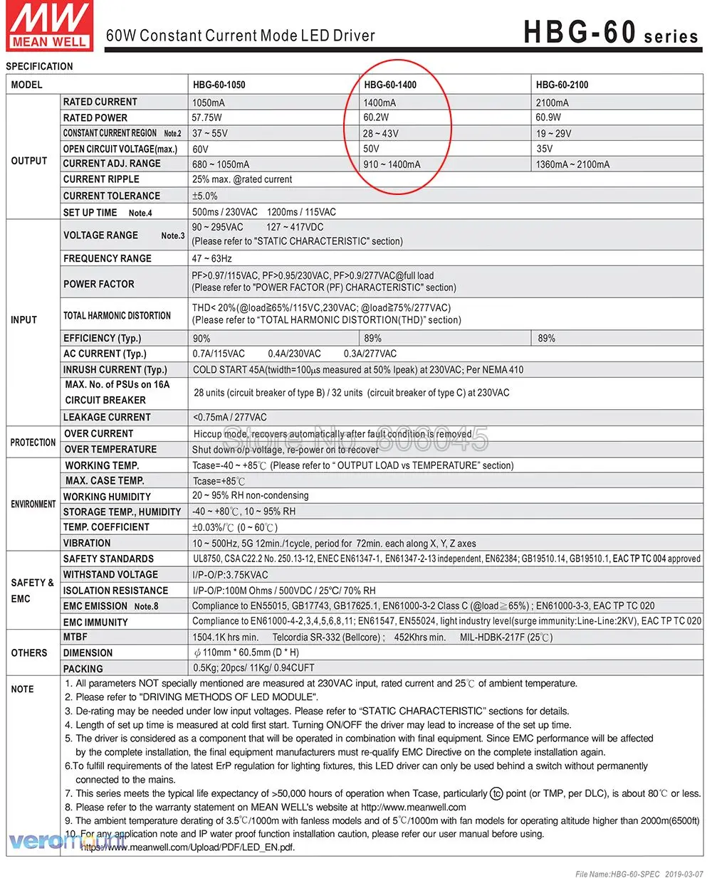 MW Meanwell HBG-60-1400 импульсный источник питания светодиодный драйвер постоянного тока один выход 60 Вт 1400mA для Cree CXB3590 CLU048 1212