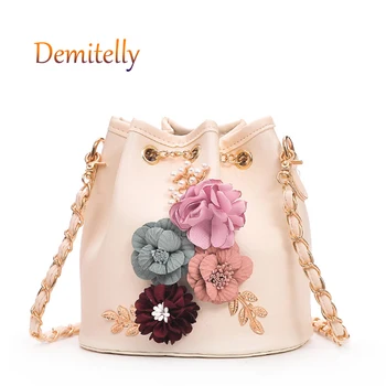 

Ladies' Chain Handmade Flower Bucket Bag Shoulder Bag Drawstring Messenger Bag Pearl Wallet Casual Mini Messenger Bag Wallet