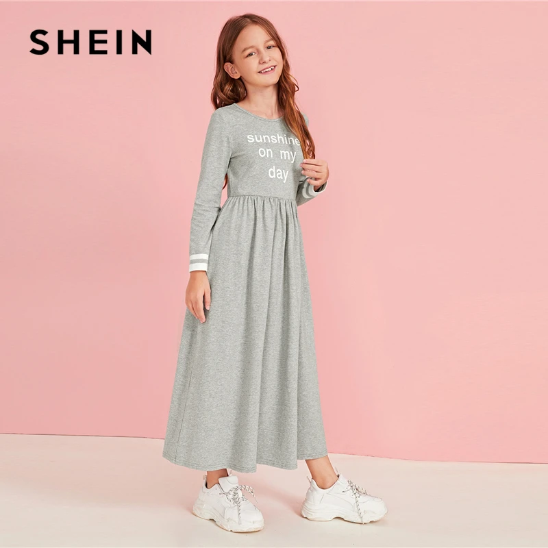 SHEIN/детское расклешенное платье макси в полоску с буквенным принтом и манжетами, осень, длинные платья трапециевидной формы с длинным рукавом и высокой талией