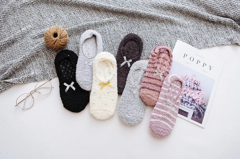 Description Picture 3 of itemFuzzy Cute Coral Fleece Socks Stripe with Bow Home Sleeping Warm Soft Anti-Skid Plush Slipper Socks Fluffy Microfiber Thick Gift
