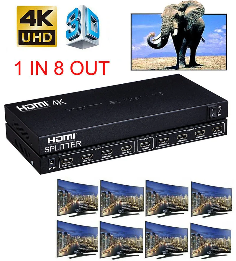 4K 4kx2k FULL Ultra HD 8 Port 1 In Out 1x8 HDMI Splitter Audio Video Converter 1080P For PS3 PS4 XBOX DVD Computer to TV HDTV | Компьютеры