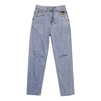 

New Cute Mouse Embroidered Jeans for Women Harajuku Cartoon Denim Loose High Waist Pants Cotton Vintage Ripped Wash Jeans Female
