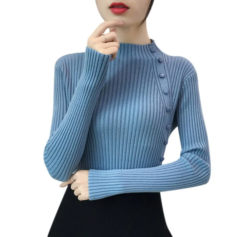 Мода весенний осенний Женский вязаный свитер с длинным рукавом и круглым вырезом Тонкий эластичный офисный Женский Повседневный свитер на пуговицах