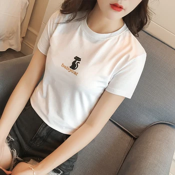 

2020 Summer Business Attire Women's Pure Cotton Students Large Size Kitten Printed Slim Fit Short Sleeve T-shirt 7142