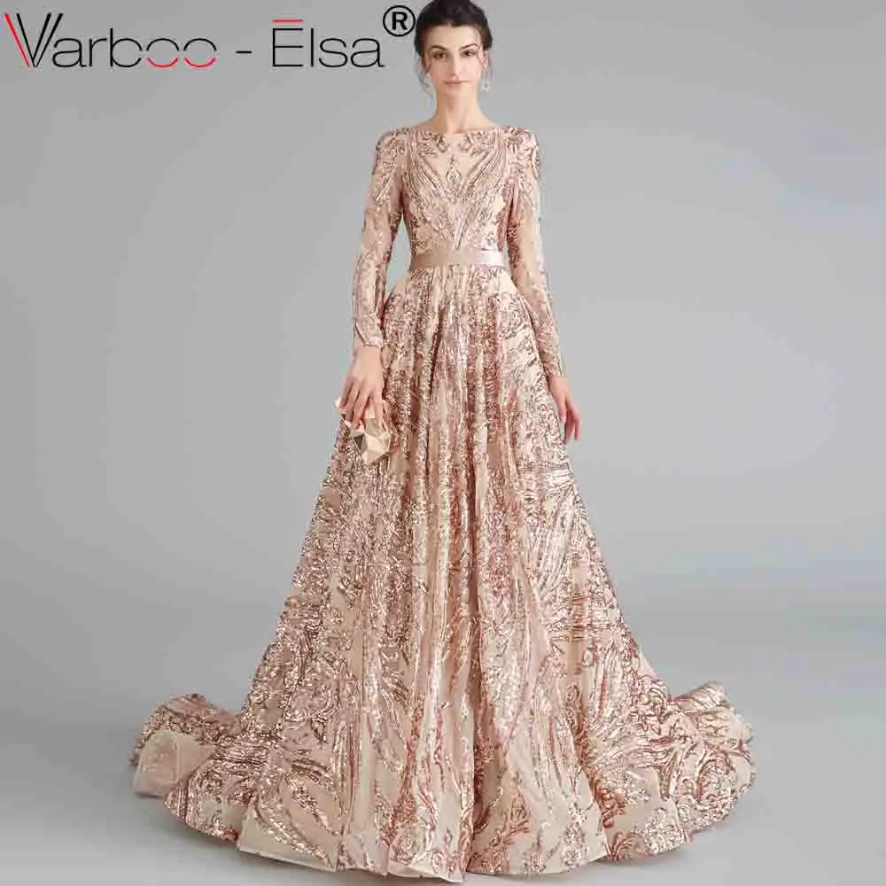 as pic VARBOO_ELSA green Robe De Soiree Длинные вечерние платья с длинными рукавами и поясом, торжественное платье с блестками, женские вечерние платья - Цвет: as pic