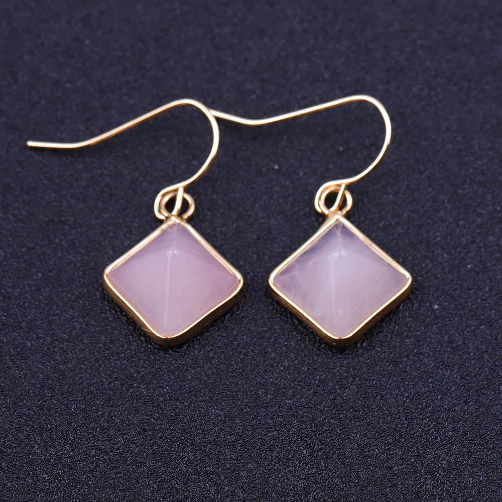 FYSL Light Yellow Gold Color Rhombus Shape Rose Pink Quartz Dangle Earrings for Women Malachite Stone Jewelry | Украшения и