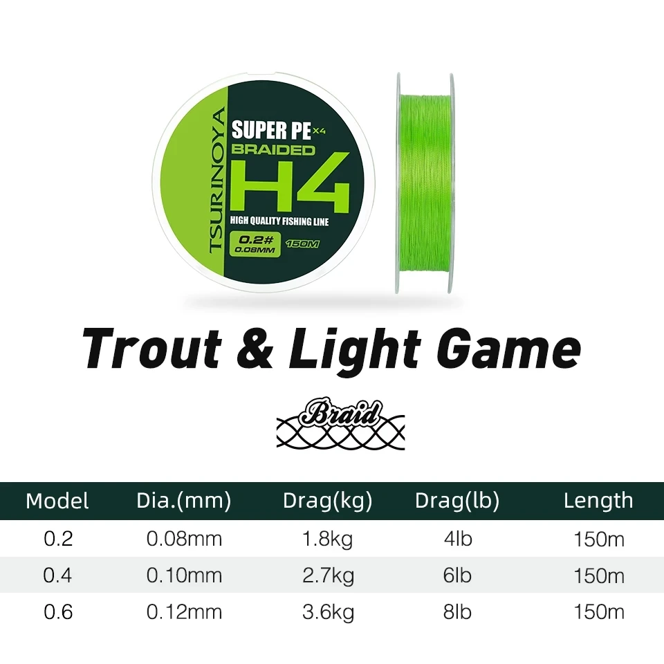 TSURINOYA  H4 4-8lb 150m  4 Weaves PE Fishing Line Light Game Trout Game Long Casting 4 Strand Braided Smooth Multifilament Line 2
