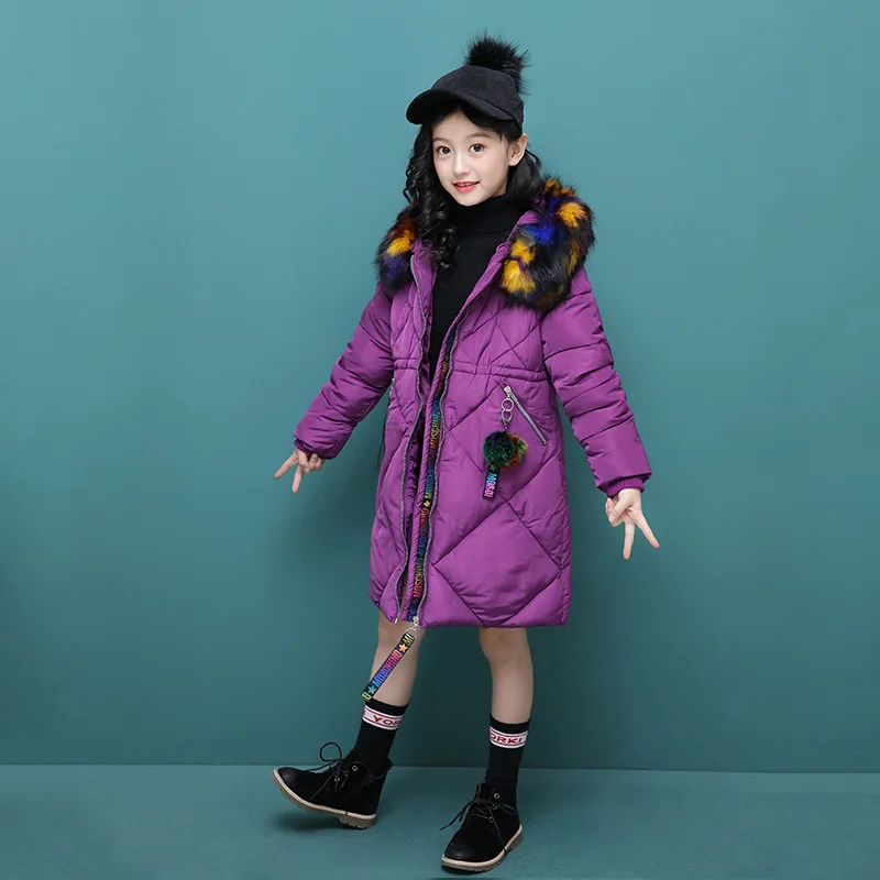 

2019 Girls Padded Cotton Clothes Winter Long Sleeve Color Fur Collar Webbing Hand Cotton of Long Cotton-padded Jacket Children N