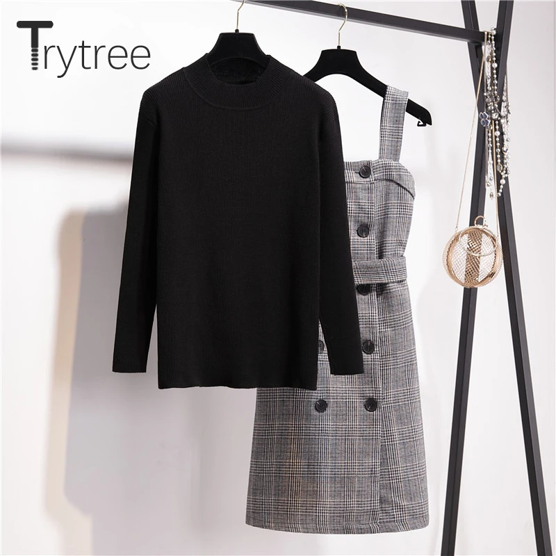 Trytree/осенне-зимний комплект из двух предметов; Повседневный Однотонный свитер с круглым вырезом; вязаный Топ+ платье на бретельках; ремень на пуговицах; комплект в клетку; комплект из 2 предметов