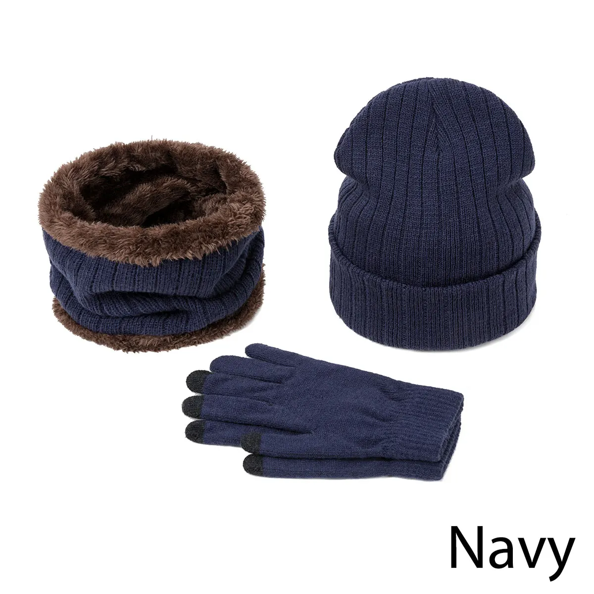Navy Новое поступление, Зимняя Теплая мужская шапка, шарф, перчатки, набор, шапки бини, вязаные утолщенные шапки для мужчин и женщин, шапка, нагрудник, перчатки, костюм унисекс, 3 шт - Цвет: Navy