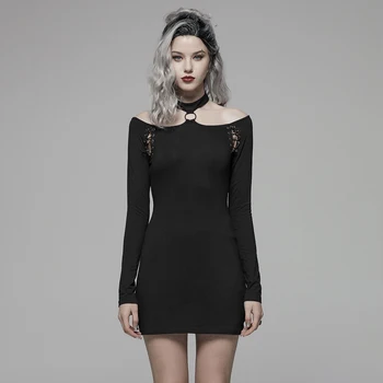 

PUNK RAVE Women's Punk Over Hip Long Sleeve Dress Elasticity Knit Slim Off The Shoulder Sexy Mini Long Sleeve Dress