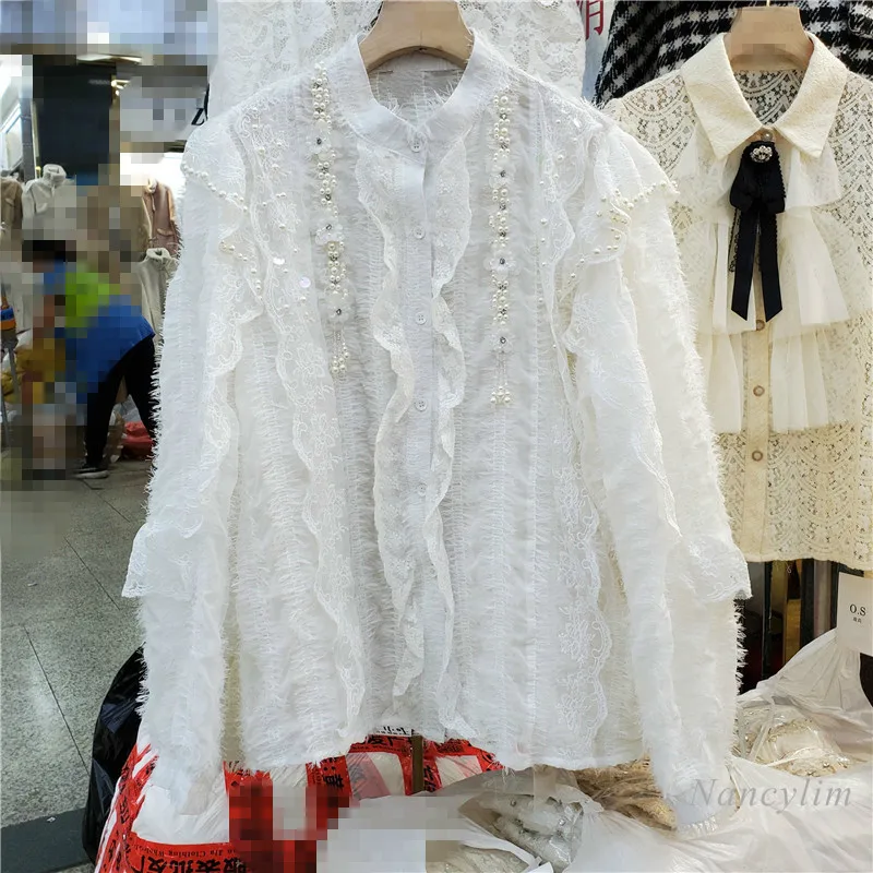 

Embroidery Sequins Shirt Women Beads Rhinestones Sweet Lace Ruffled Blouse Female Lady Single-Breasted Micro-Transparent Top
