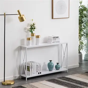 

Multifunction Entrance table Triamine Board Cross Iron Frame Porch Table Sofa Side Table White Wood Grain Easy to assemble