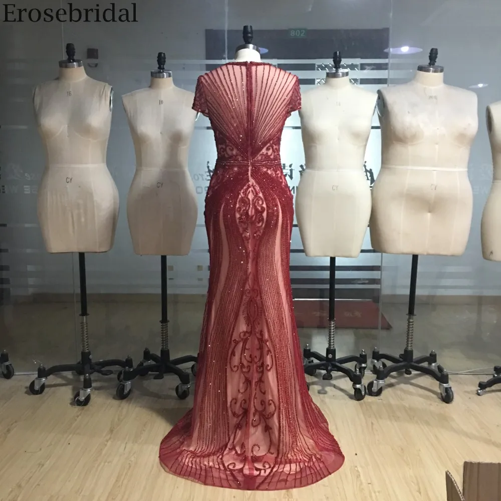 Erosebridal, Настоящее изображение, бордовое длинное платье для выпускного вечера со шлейфом, короткий рукав, с бисером, элегантные вечерние платья, 5 цветов, длинное торжественное платье