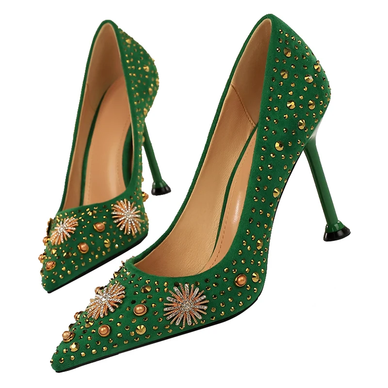 Женские туфли-лодочки на высоком каблуке 9,5 см; большие размеры 10,5; роскошные женские элегантные туфли с острым носком; туфли-лодочки с заклепками на каблуке; цвет зеленый, синий