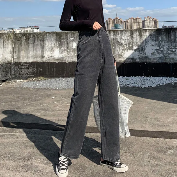 New Fashion High Waist Women Jeans Boyfriend Wide Leg Pants Grey Straight Skinny Jeans Irregular Button Trousers Flare Jeans