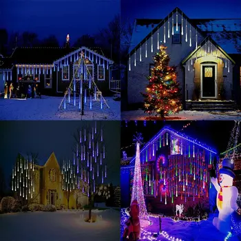 Tira de luces LED impermeables para decoración navideña, tira de luces de 30, 50cm y 8 tubos de lluvia de meteoros, y el hogar para el árbol, enchufe europeo y estadounidense