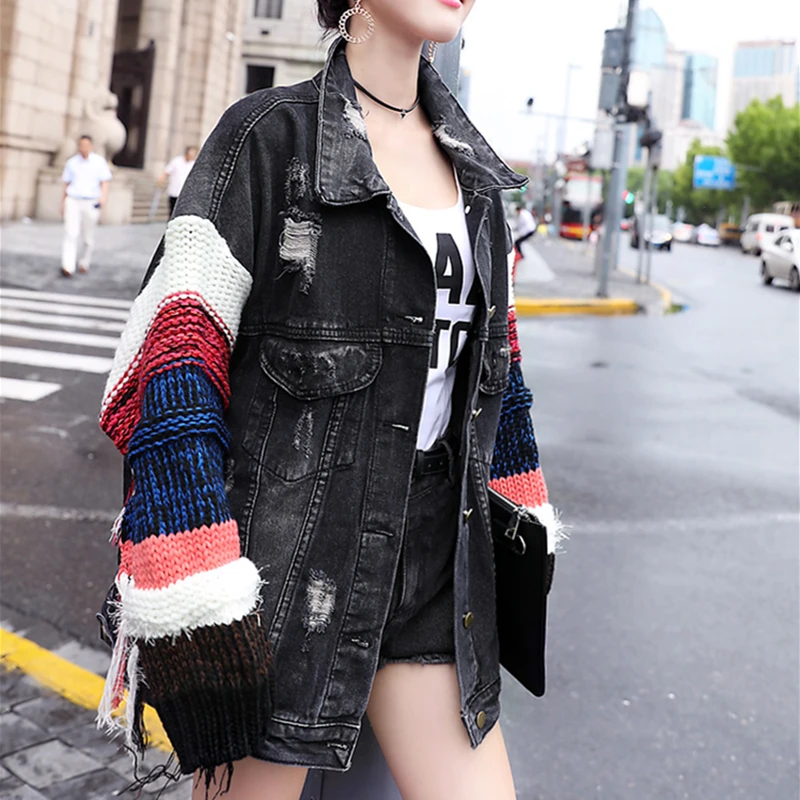 Autumn New Harajuku Denim Lapel Jacket Women Long Sleeve Knitting Stitching Tassel Black Denim Jackets Female Casual Streetwear