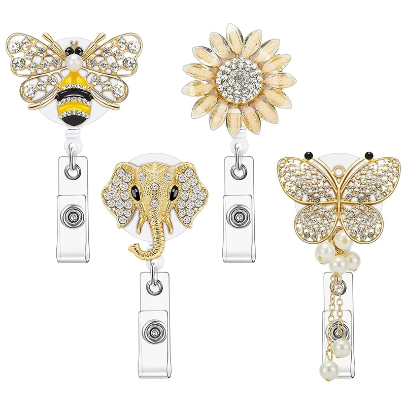 4 Pieces Rhinestone Retractable Badge Reel Cute Animal Name ID Clip for Volunteer Nurse Teacher | Канцтовары для офиса и дома