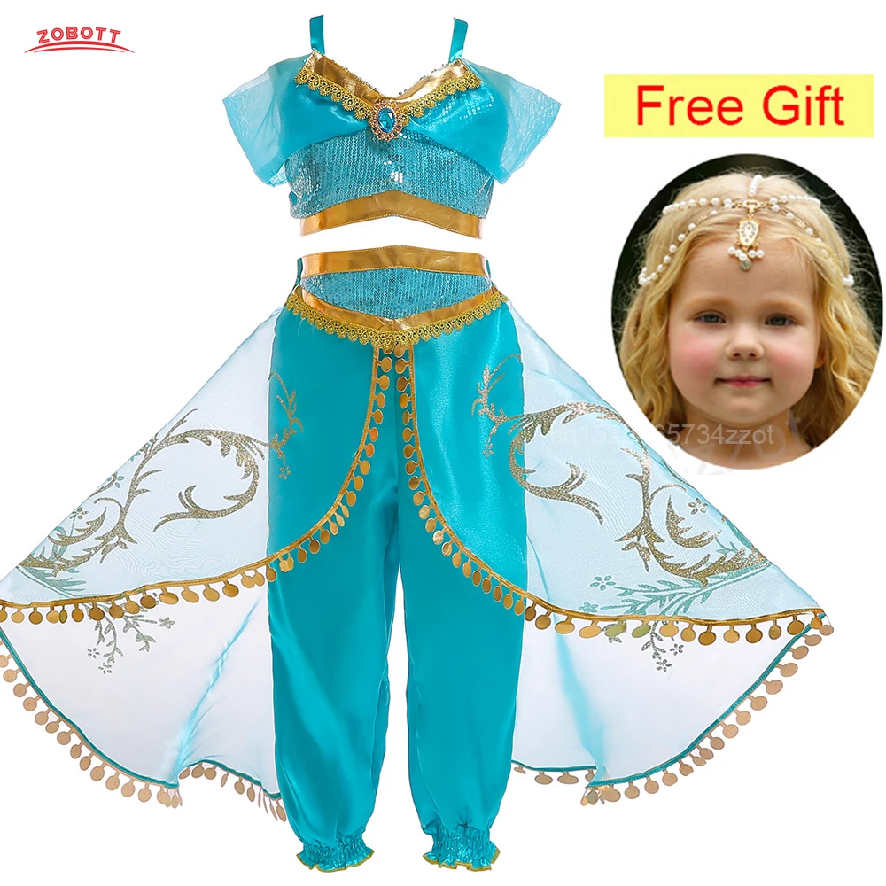 

Girls Jasmine Princess Dress Aladdin the Magic Lamp Cosplay Costume Fancy Kids Clothing Set Top Pants for Child with Free Gift