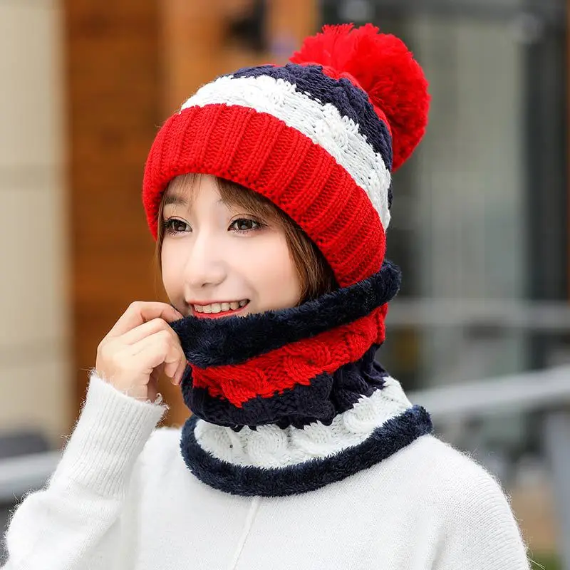Вязаная зимняя шапка, шарф, набор для женщин, Pom Beanies, набор из шапки и шарфа для женщин, толстые теплые мягкие зимние аксессуары - Цвет: red