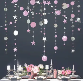 

4*3M Glitter Pink Paper Star Circle Garlands Nursery Backdrop Banner Birthday Baby Shower Wedding Bridal Girl Room Hanging Decor