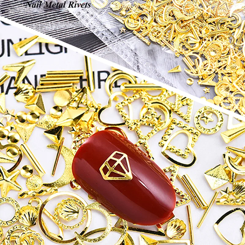 

200pc/BAG Gold Nail Rivet Glitter Star Moon Hollow Shape for Nail Stuff DIY Accessories Multi-size 3D Metal Nail Studs #JS008