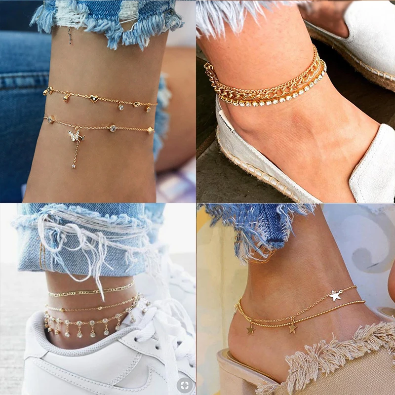 YWZIXLN BOHO Retro Multi layer Star Butterfly Crystal Women's Anklet