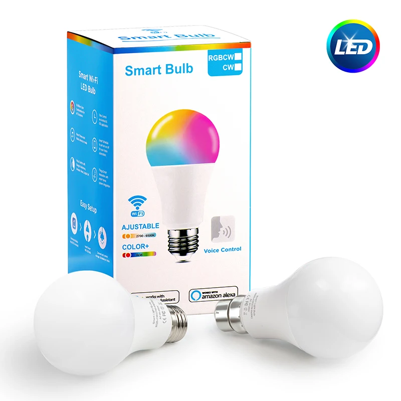 LED WiFi Smart Bulb RGB+White+Warm Light Work With Alexa/Google Home App Remote Control Lamp E27/E14/B22 10W Decoration Lampara