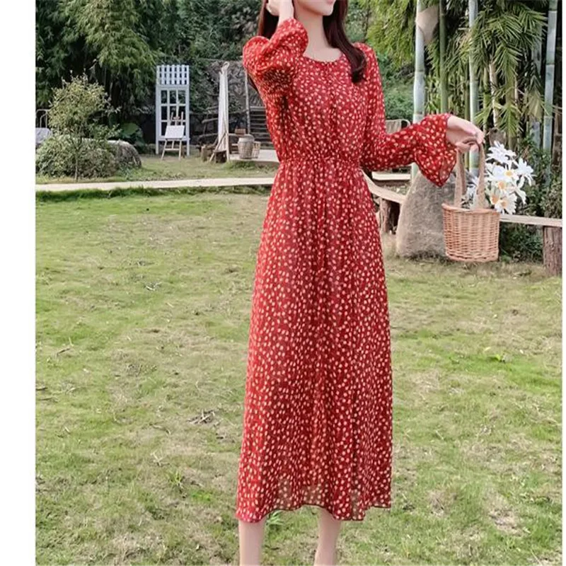 Plus size spring and summer long sleeve chiffon dress floral dress
