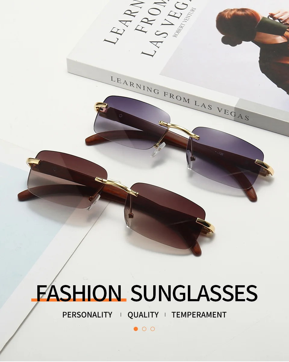 Fashion Rimless Sunglasses Steampunk Frameless Eye Glasses Wood Grain Rectangle Gafas Oculos Gradient Shades Sunglasses round sunglasses