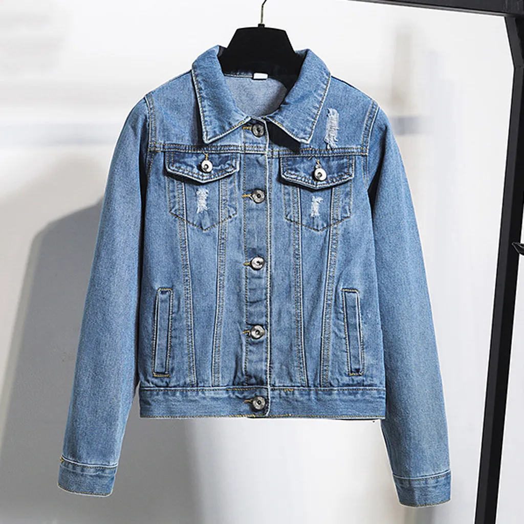 

Women Frayed Denim Bomber Jean Jacket Basic Button Up Lady Casual Vintage Outwear Autumn Female Fashion Coat Streetwear#J30