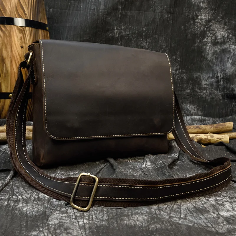 Men's Vintage crazy horse leather messenger bag A4 Genuine leather shoulder bag iPad Thick Cow