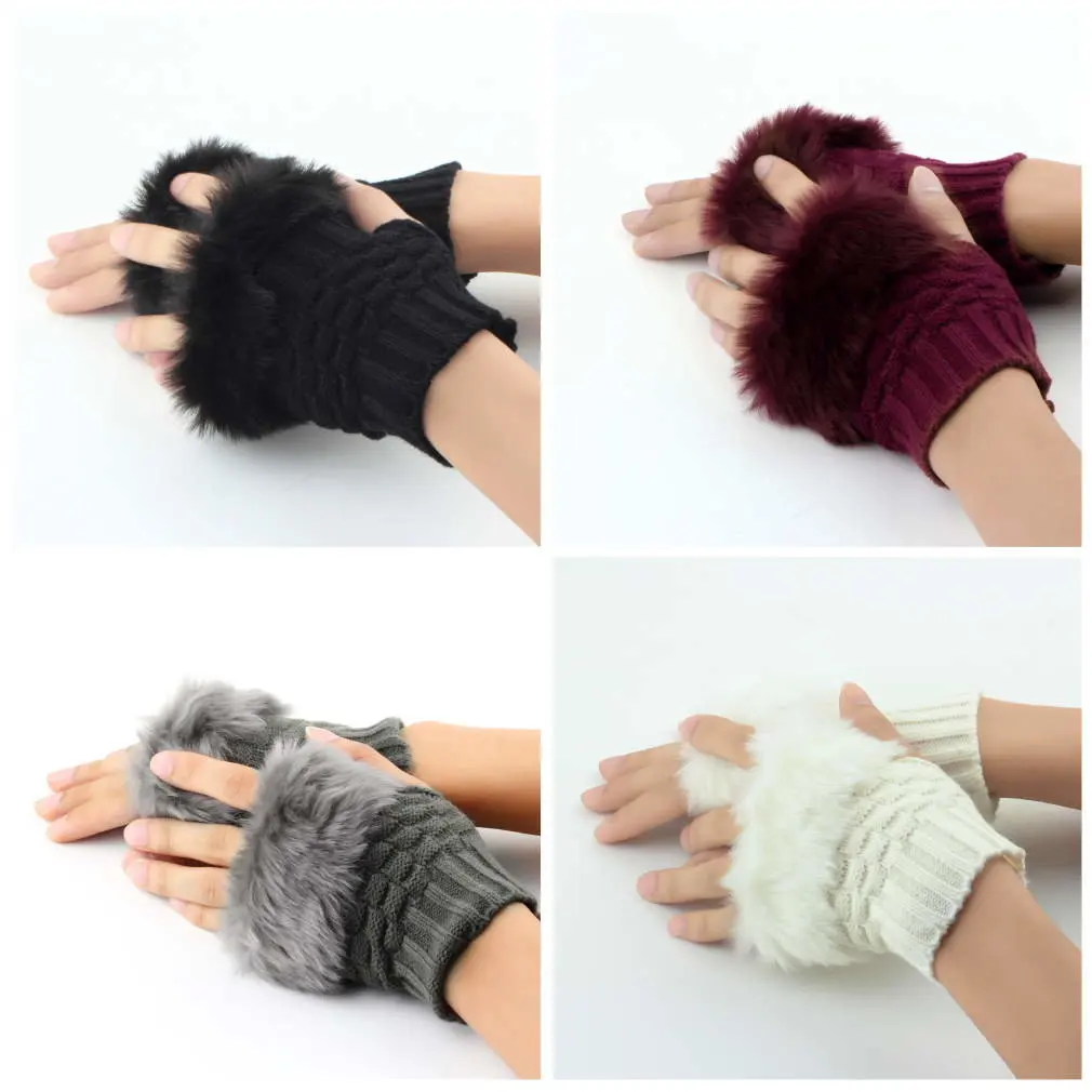 1 Pair Fashion Cute Faux Rabbit Fur Hand Winter Warmer Knitted ...