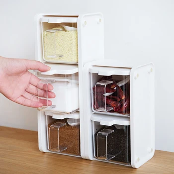 

Clear Seasoning Box Plastic Kitchen Condiment Salt Pepper Herb Sugar Spice Jar Pot Container Bottles Rack With Spoon Organizer