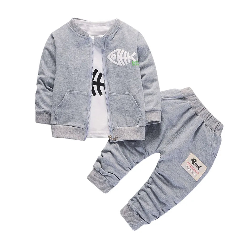 Детская одежда из 3 предметов для малышей осенне-зимний спортивный костюм с рисунком рыбки для маленьких мальчиков и девочек Футболка и штаны, комплект одежды, Roupa Menina, Топ - Цвет: Gray