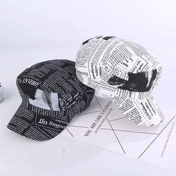 

2020 New Fashion Graffiti newspaper Military Hat Men Women letter Cotton Beret Flat Top Hats Captain Cap Trucker Vintage Bone