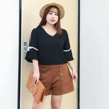 

Women's summer chiffon solid color V-neck trumpet sleeve bow casual shirt 100KG can be worn