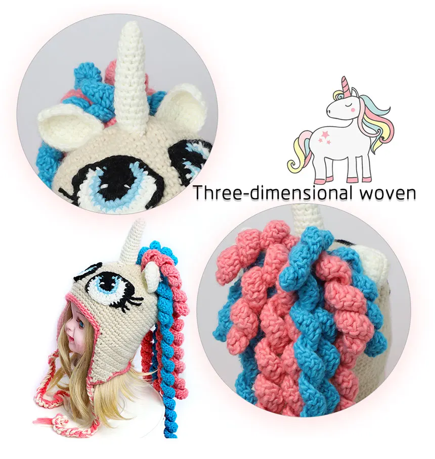 New Unicorn Knit Hat for Girls Cap Animals Kids Winter Hats Cartoon Unicorn Baby Caps Ponytail Beanie Kids Under 6 Year Old