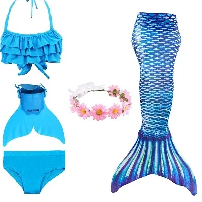Blue 38 set 1 Детский купальный костюм с хвостом русалки для девочек, купальный костюм русалки, купальный костюм, можно добавить монофонический плавник, очки с гирляндой - Цвет: Blue 38 set 1
