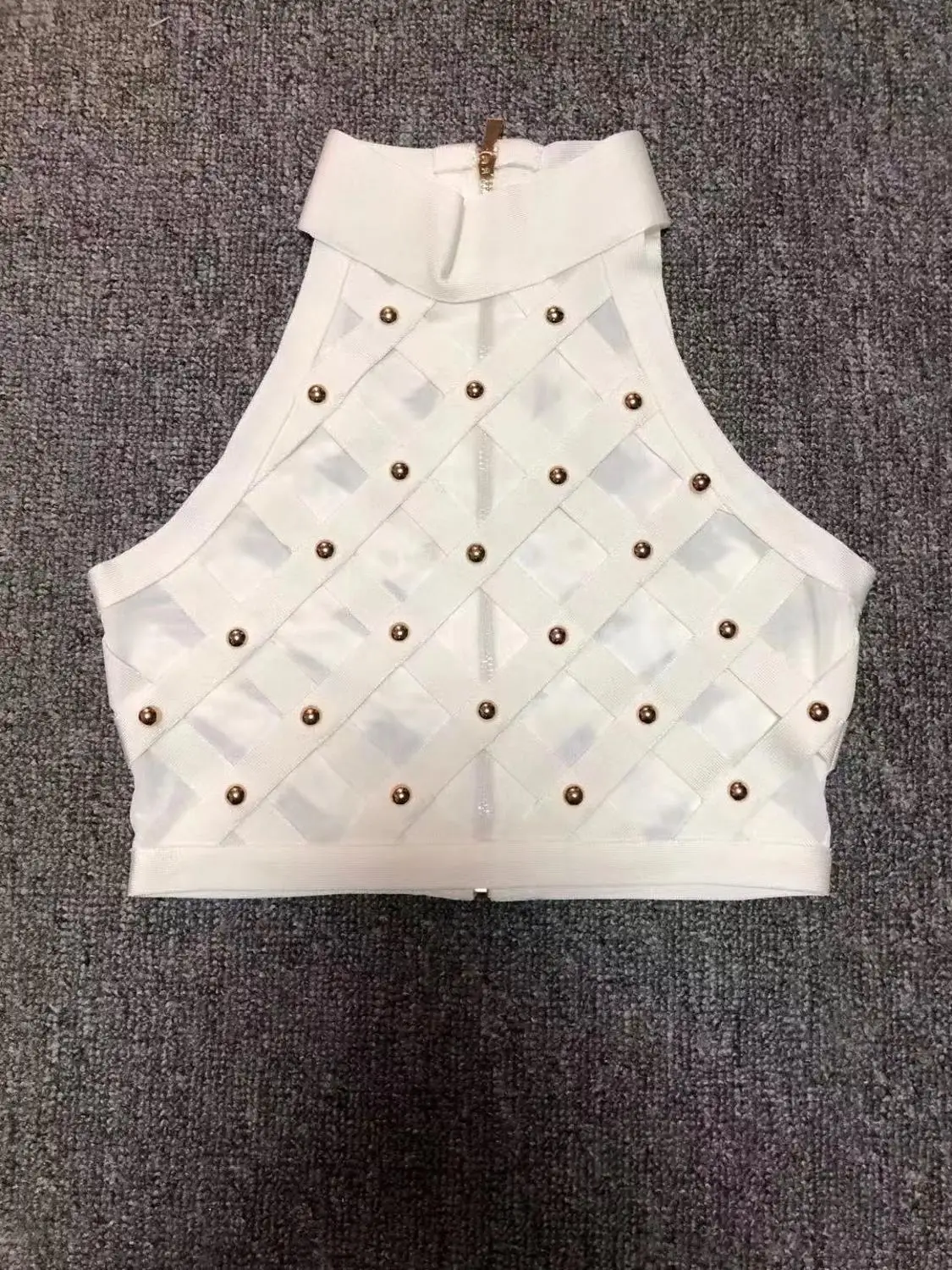 Высокое качество летняя стильная женская одежда из вискозы Vestidos клубный облегающий топ с высоким воротом Женская мода без рукавов с бусинами Полосатый Черный Топ - Цвет: Белый