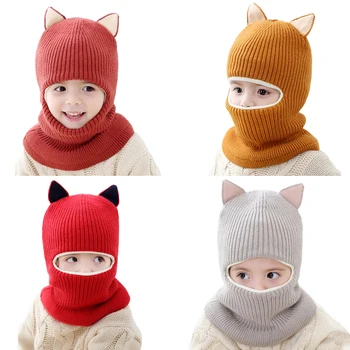 

2-5Y Kids Splicing Color Beanie Knitted Cap Ear Fleece Thickened Scarf Hat Lovely Baby Kids Newborn Girls Boys Cap