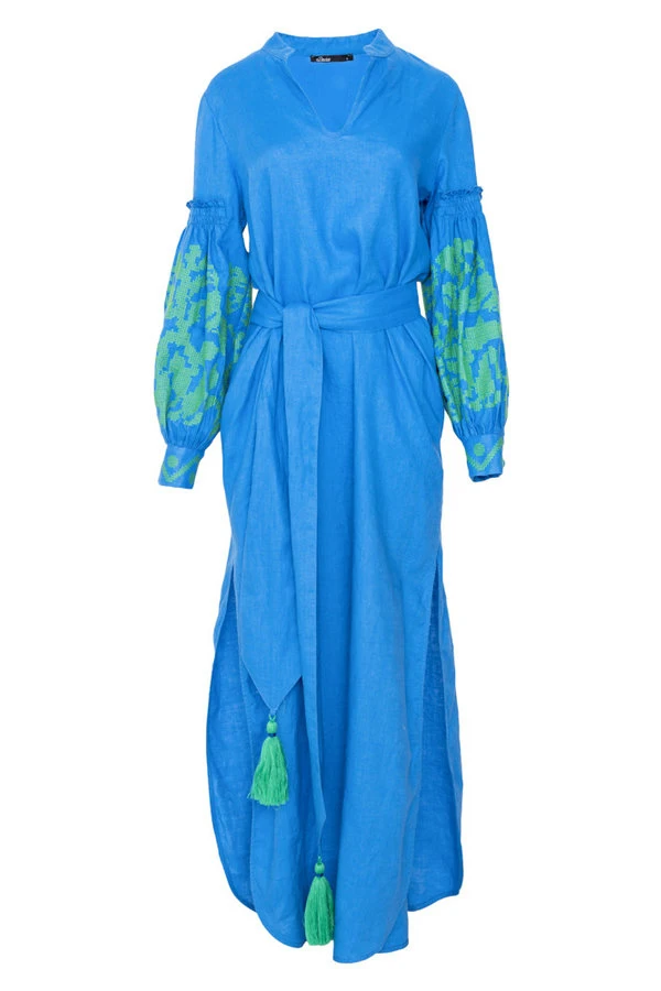 Зеленое и синее хлопковое женское платье с вышивкой, высокая талия, бохо, свободный пояс, осень, высококачественное роскошное Женское Платье макси с разрезом, длинные платья