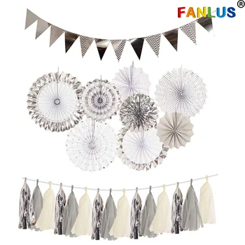 

25pcs/Set Paper Tassel Garland for Engagement Baby Shower Decor Paper Fan Hanging Decorations Set with Silver Banners Pennant