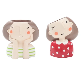 

2Pc Lovely Girl Cartoon Design Resin Plant Flower Pot Succulent Container Planter Bonsai Pot Flowerpot Desktop Craft Home Decora