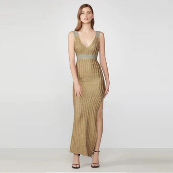 

2019 Women Elegant Gold Patchwork Sleeveless Ankle length V neck backless Fashion Celebrity Bandage Dress party vestidos