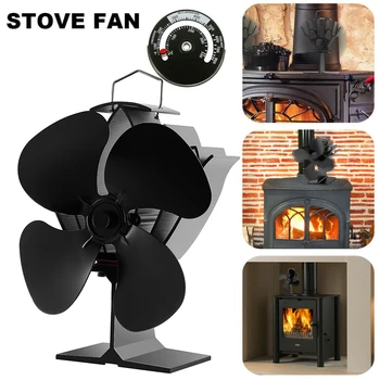

4Blades Heat Powered Low Noise Stove Fan Fireplace Fuel Saving +Thermometer