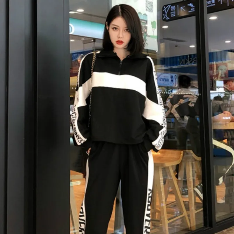 

2019 Fall New Fashion Set Tracksuit for Women Patchwork Bomber Pullover Jacket Jogging Pants Suits Two Piece Women Sweatsuit