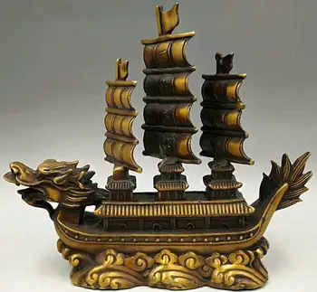 

10" Old Chinese Copper Bronze Zodiac Dragon Sailing Boat Ship Lucky Statue